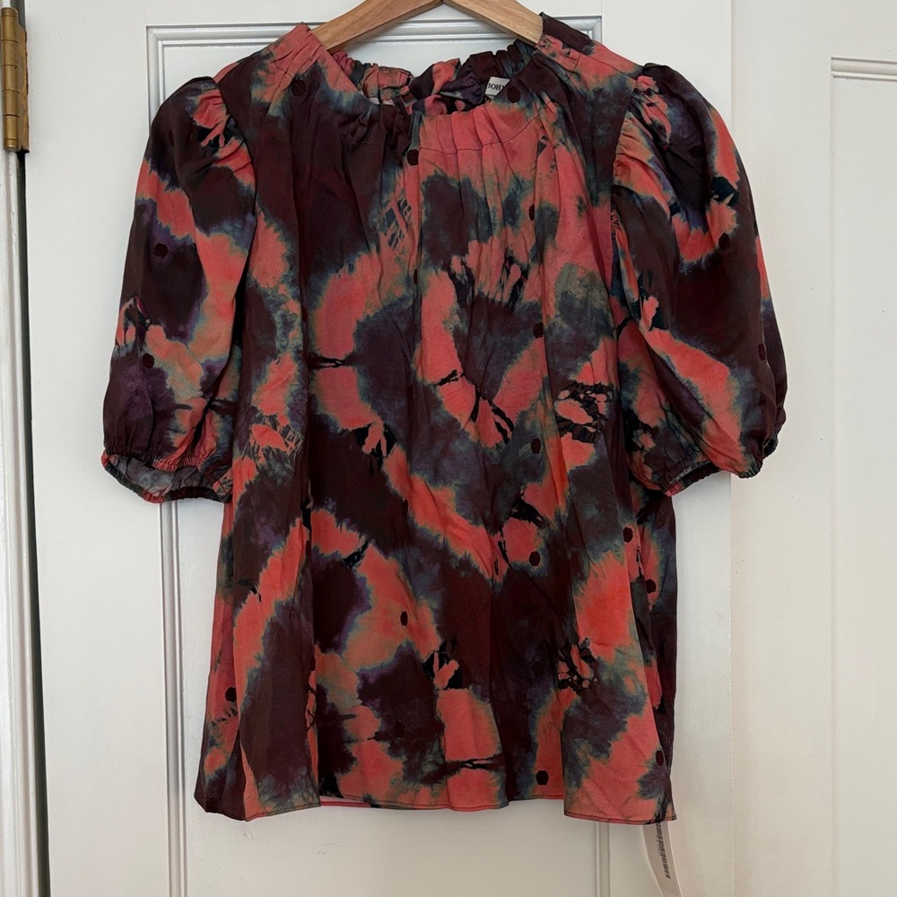 Women’s Tie-Dye Puff Sleeve Blouse - Coral, Burgundy, Black